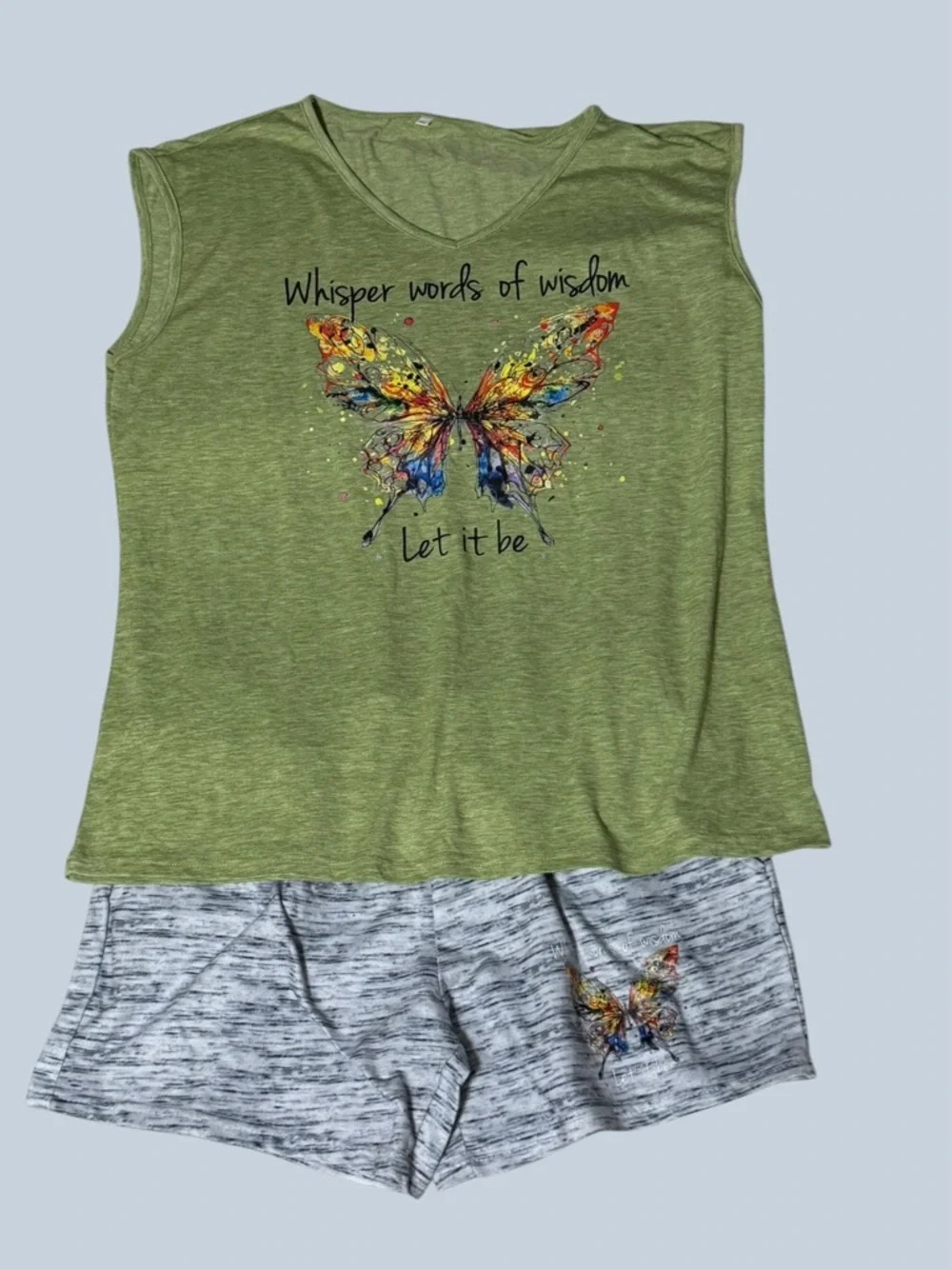 Whisper Words of Wisdom, LET IT BE Green Butterfly Top and Gray Shorts Set